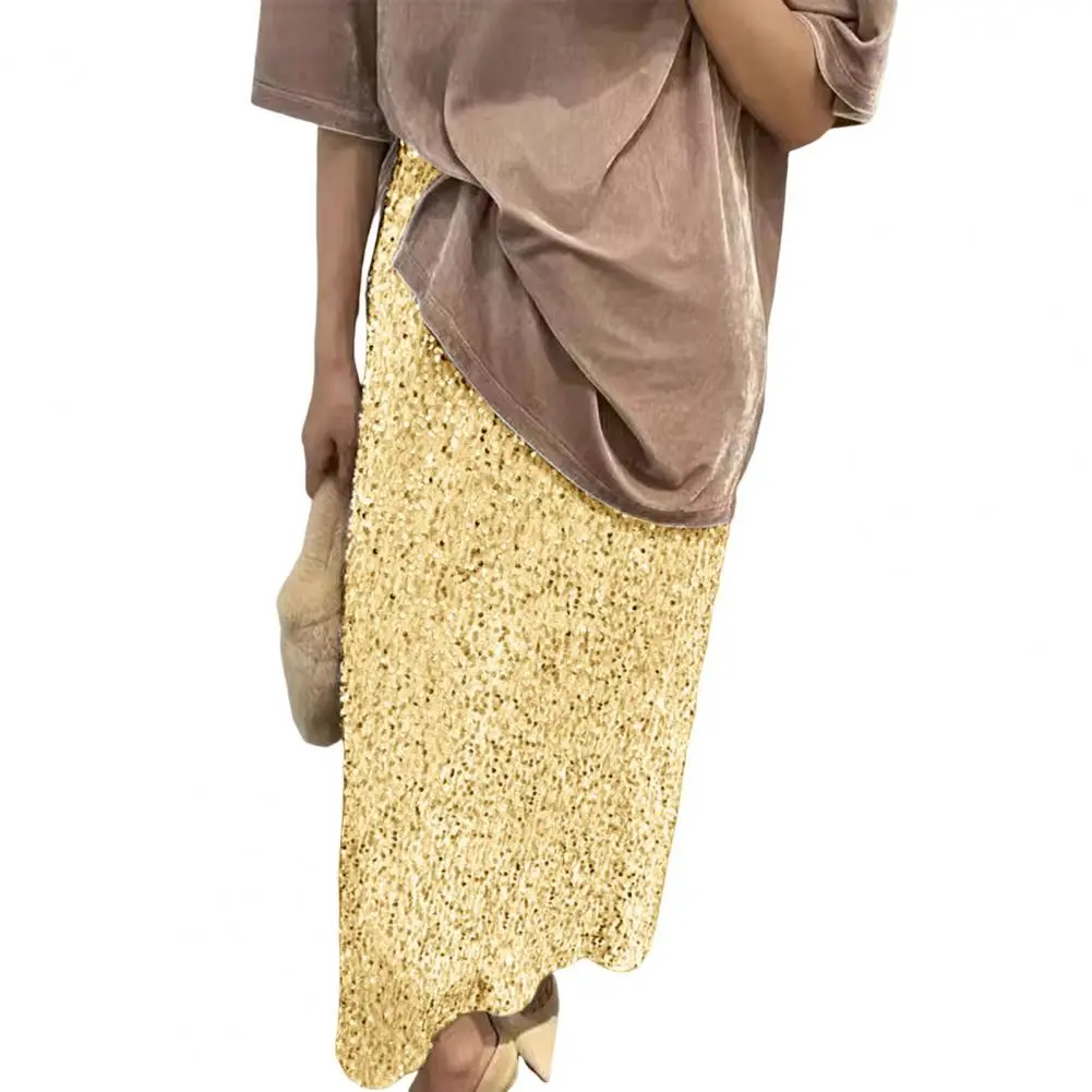 Women Long Skirt with Zipper Elegant Sequin Embellished Maxi Skirt for Women High Waist Solid Color Design Long Length