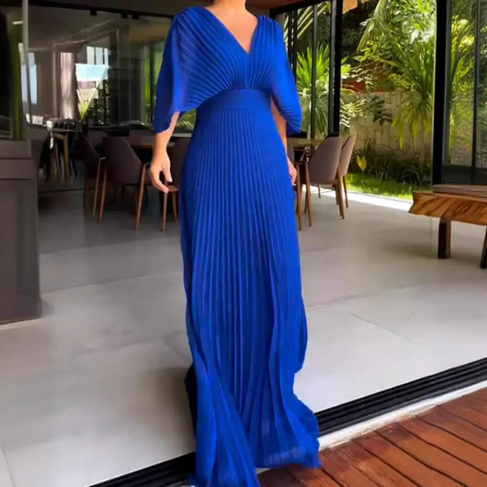 Blue V-Neck Waist-Fitted Long Dress For Women Fashionable And Elegant European And American Style