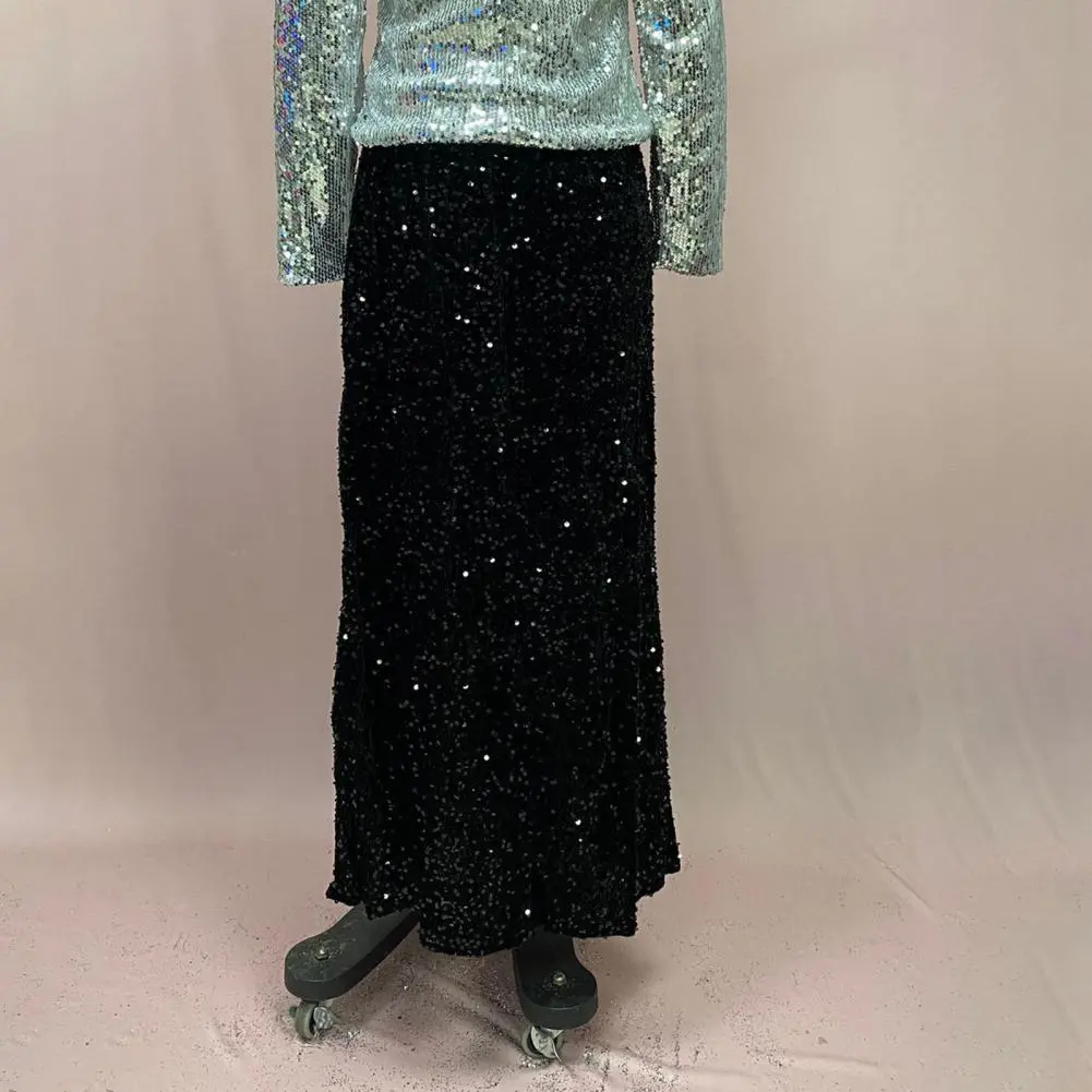 Women Long Skirt with Zipper Elegant Sequin Embellished Maxi Skirt for Women High Waist Solid Color Design Long Length