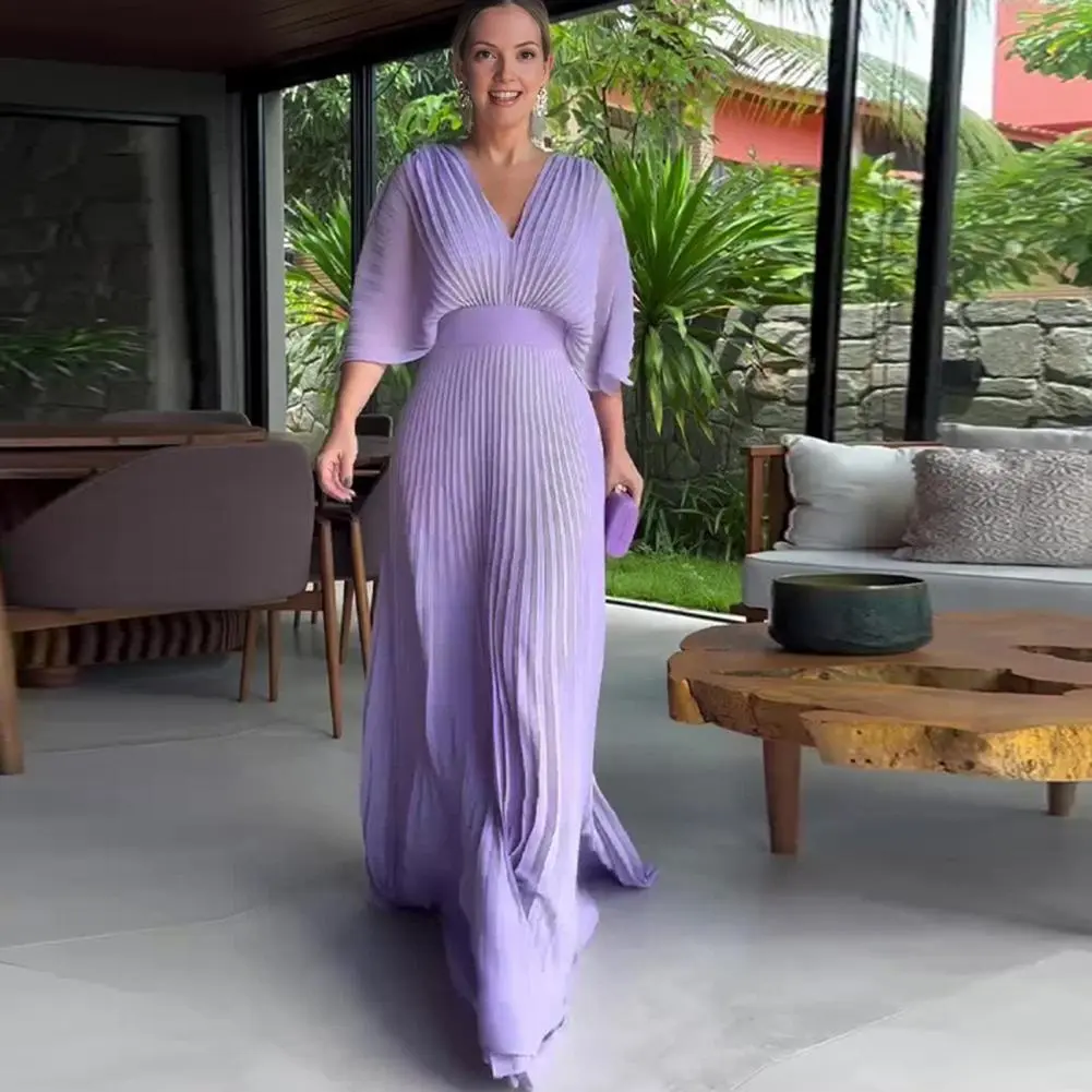 Blue V-Neck Waist-Fitted Long Dress For Women Fashionable And Elegant European And American Style