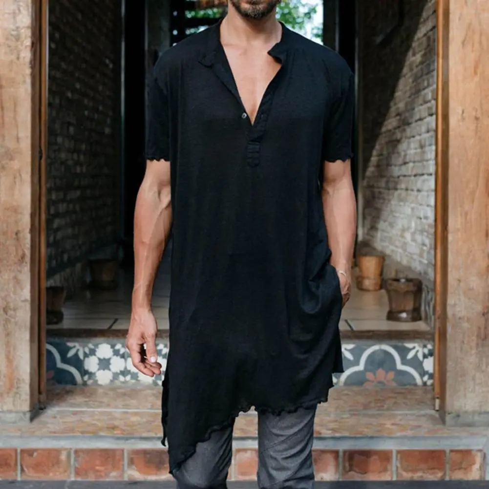 Men Casual V-neck Top Stylish Men's V Neck Irregular Edge T-shirt for Club Daily Wear Short Sleeves Pure Color Loose Fit