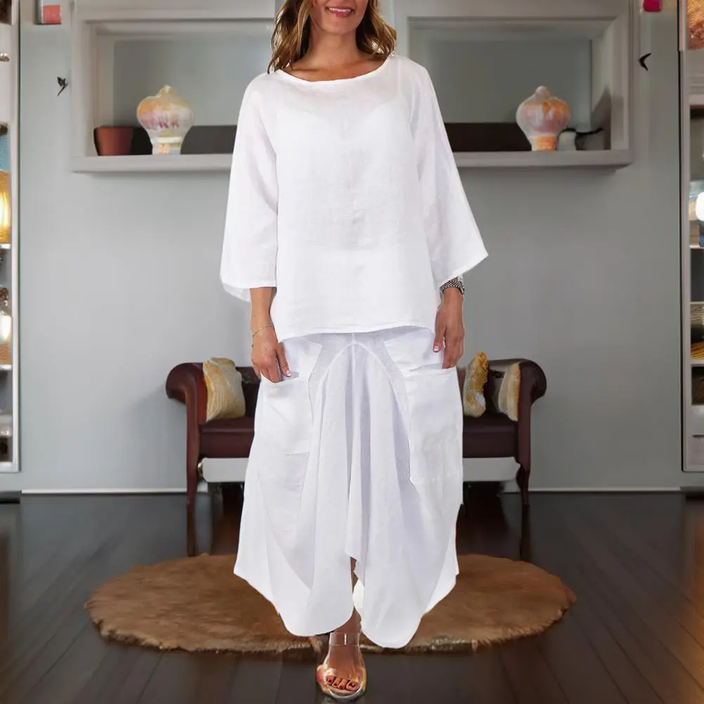 Women's Cotton Linen Irregular Short Sleeve T-shirt Loose Top Midi Skirt Set Summer Women's Suits Casual Pants Two Piece Sets