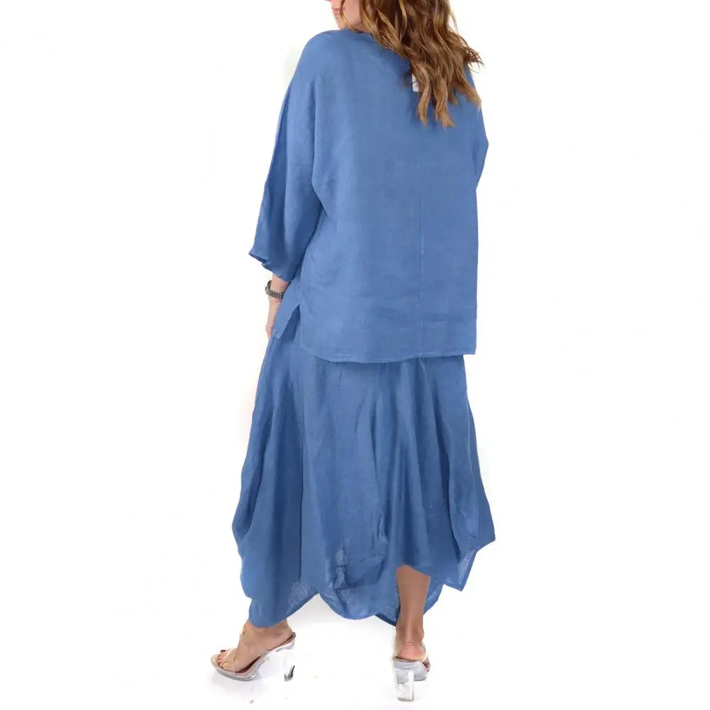 Women's Cotton Linen Irregular Short Sleeve T-shirt Loose Top Midi Skirt Set Summer Women's Suits Casual Pants Two Piece Sets