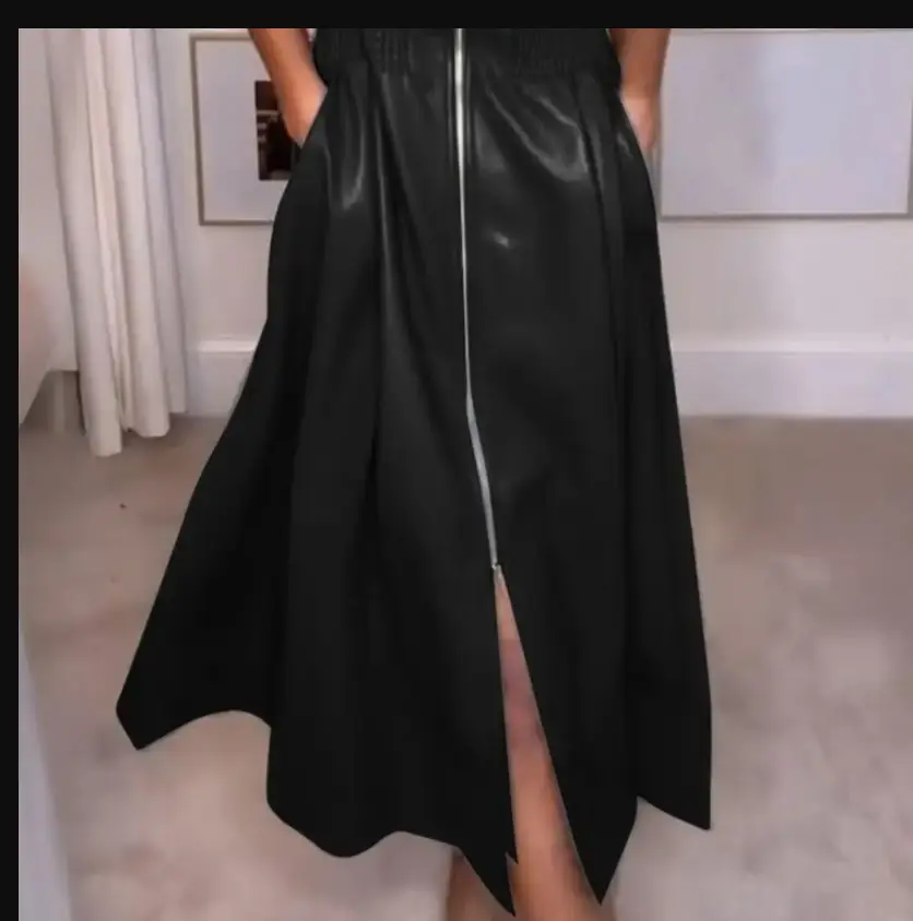 Plus Size 4XL 5XL Faux Leather Women Office Dress 2025 Long Maxi Sundress Casual Solid Color Elegant Loose A-line Dress Vestidos
