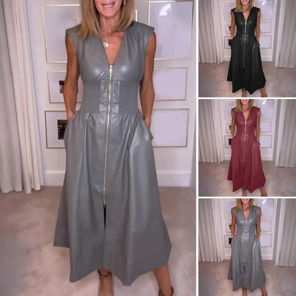 Plus Size 4XL 5XL Faux Leather Women Office Dress 2025 Long Maxi Sundress Casual Solid Color Elegant Loose A-line Dress Vestidos