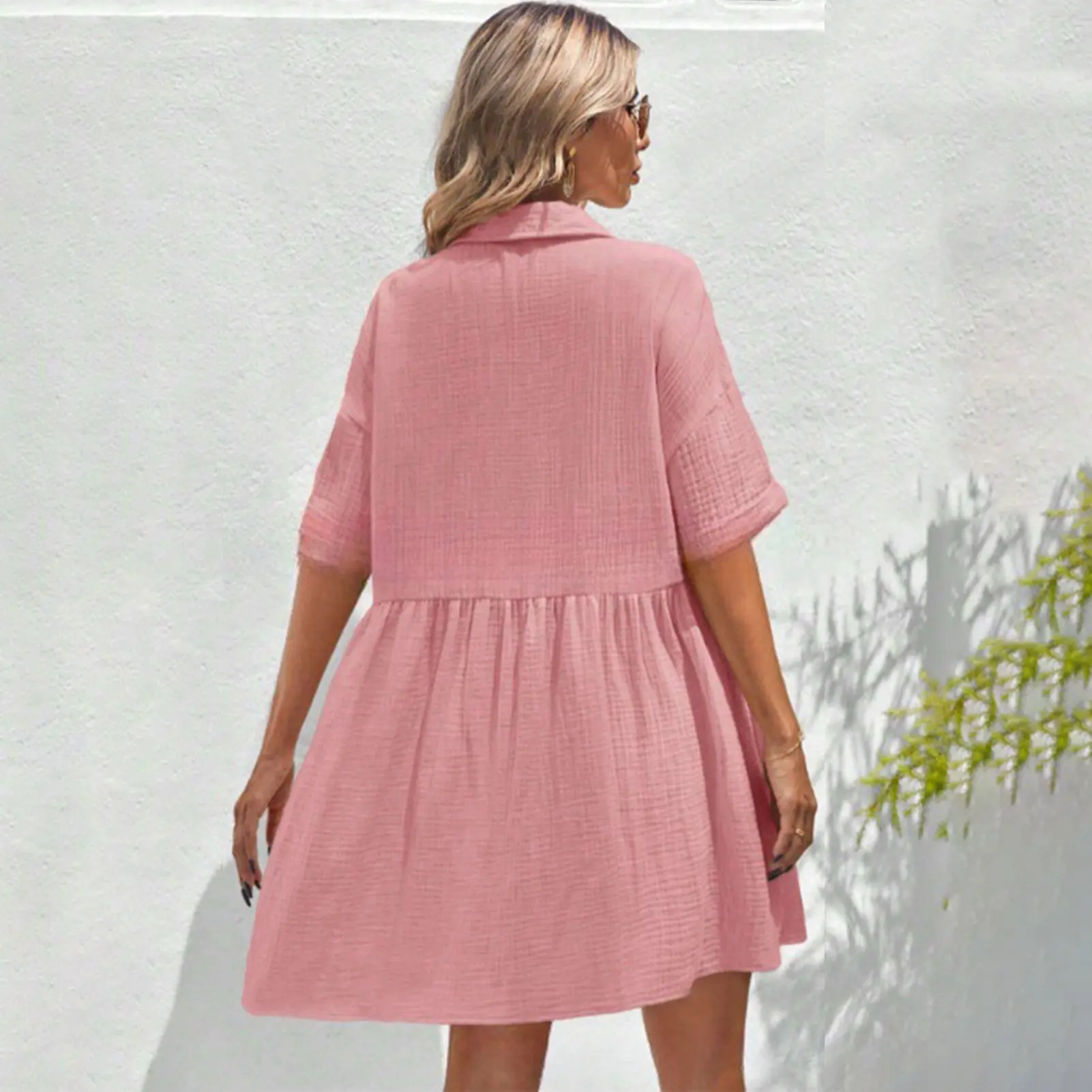 Loose Dresses European and American large-size women's clothing 2025 summer new short-sleeved solid color dress large-size