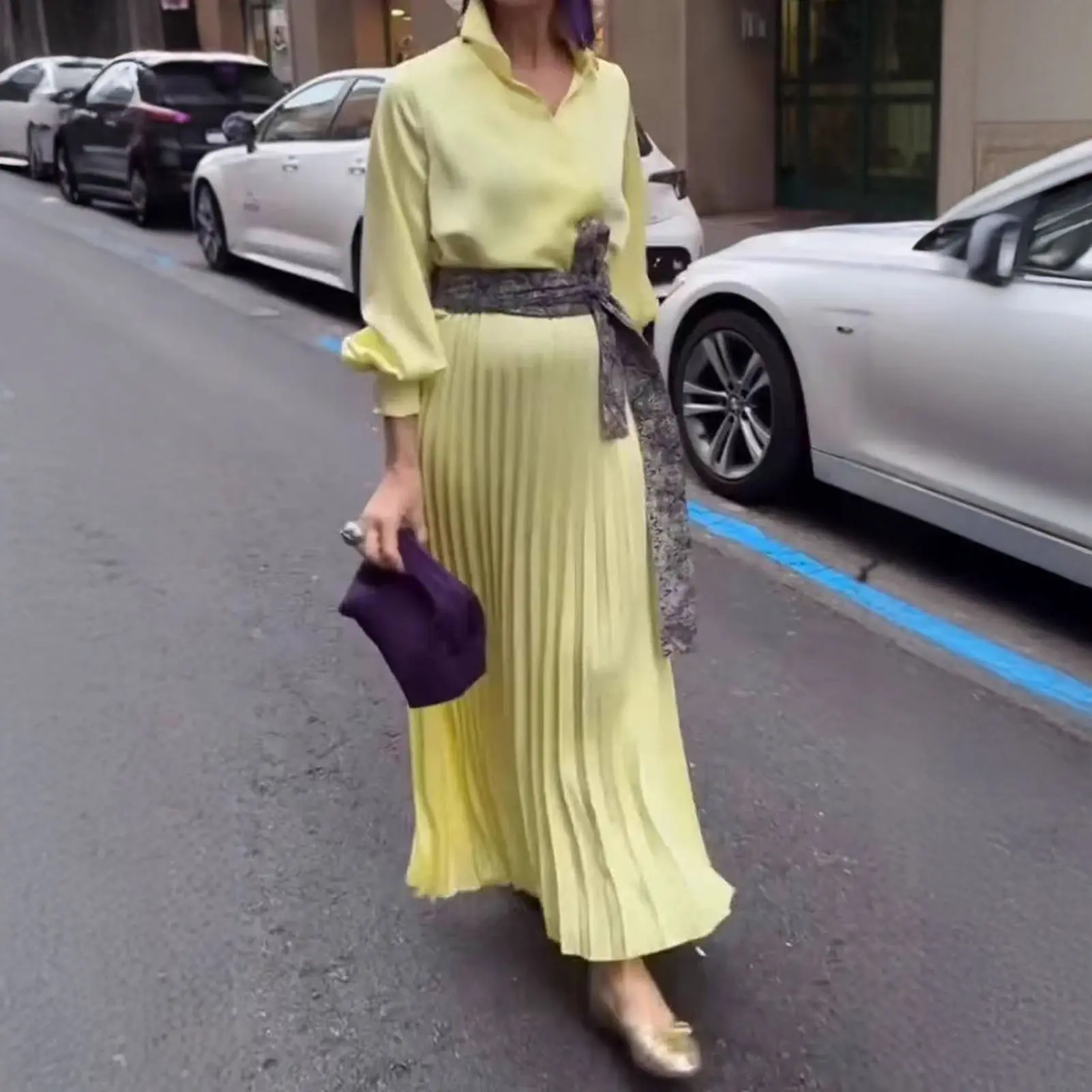 Elegant Office Dresses Pleated for Woman Long-sleeved V-neck Green Hip Dress Women's Clothing Shirt Dress for Women