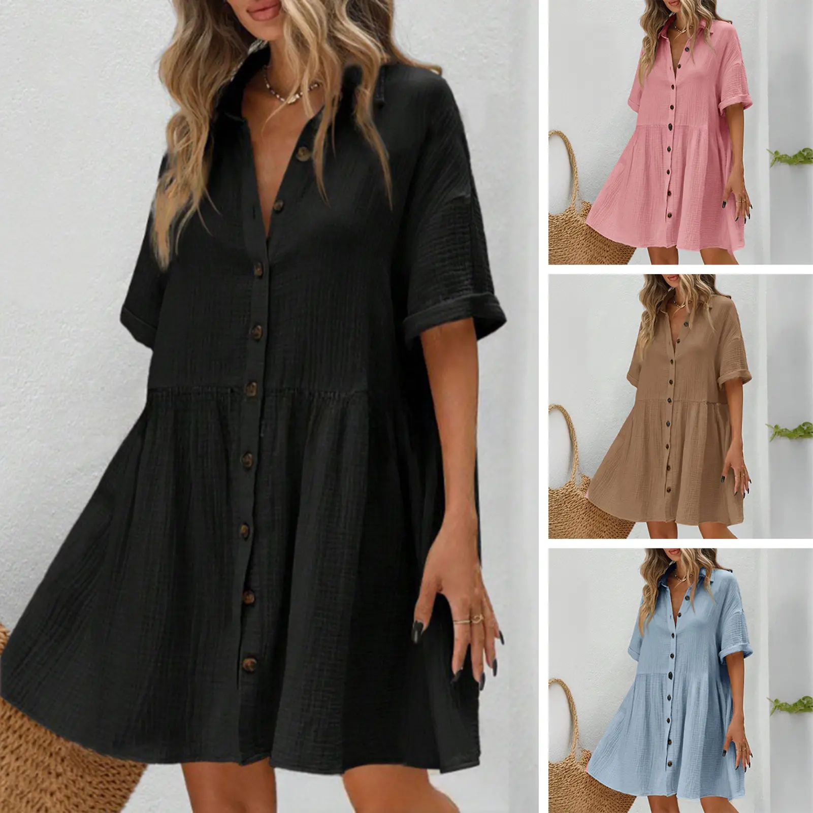 Loose Dresses European and American large-size women's clothing 2025 summer new short-sleeved solid color dress large-size