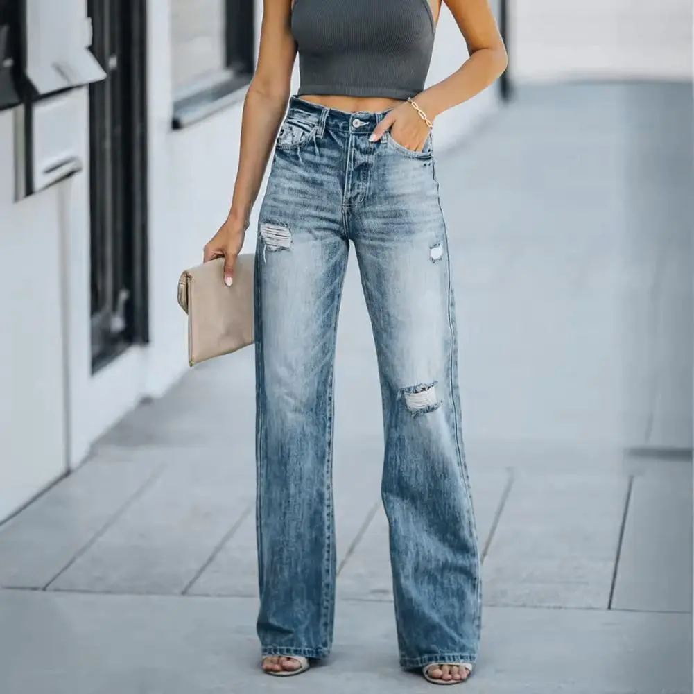 Women's New Knee-piercing Jeans, Loose, Comfortable And Casual, Fully Matching Straight Micro-elastic Jeans