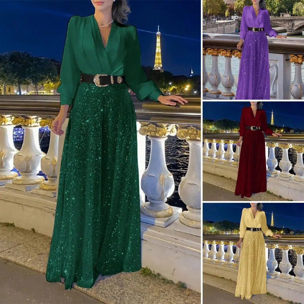 Waist-hugging Jumpsuit Elegant Sequin Jumpsuits for Women V-neck Long Sleeve Romper with Wide Leg Pants Sparkly Belted Evening