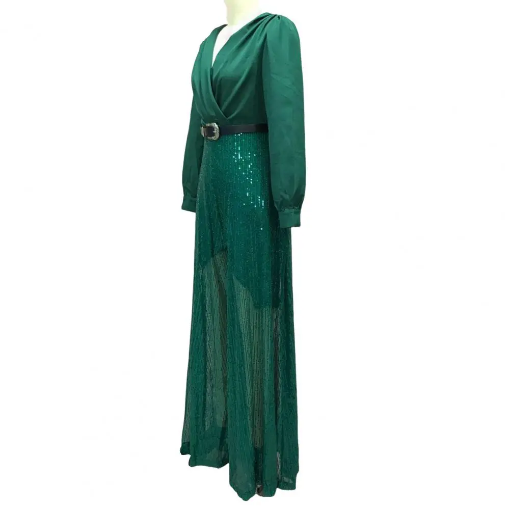 Waist-hugging Jumpsuit Elegant Sequin Jumpsuits for Women V-neck Long Sleeve Romper with Wide Leg Pants Sparkly Belted Evening
