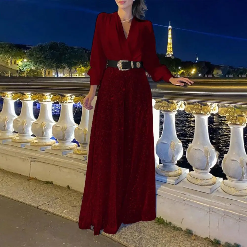 Waist-hugging Jumpsuit Elegant Sequin Jumpsuits for Women V-neck Long Sleeve Romper with Wide Leg Pants Sparkly Belted Evening