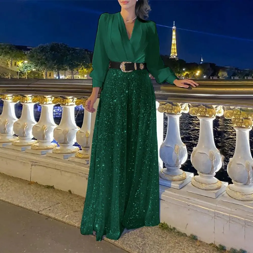 Waist-hugging Jumpsuit Elegant Sequin Jumpsuits for Women V-neck Long Sleeve Romper with Wide Leg Pants Sparkly Belted Evening