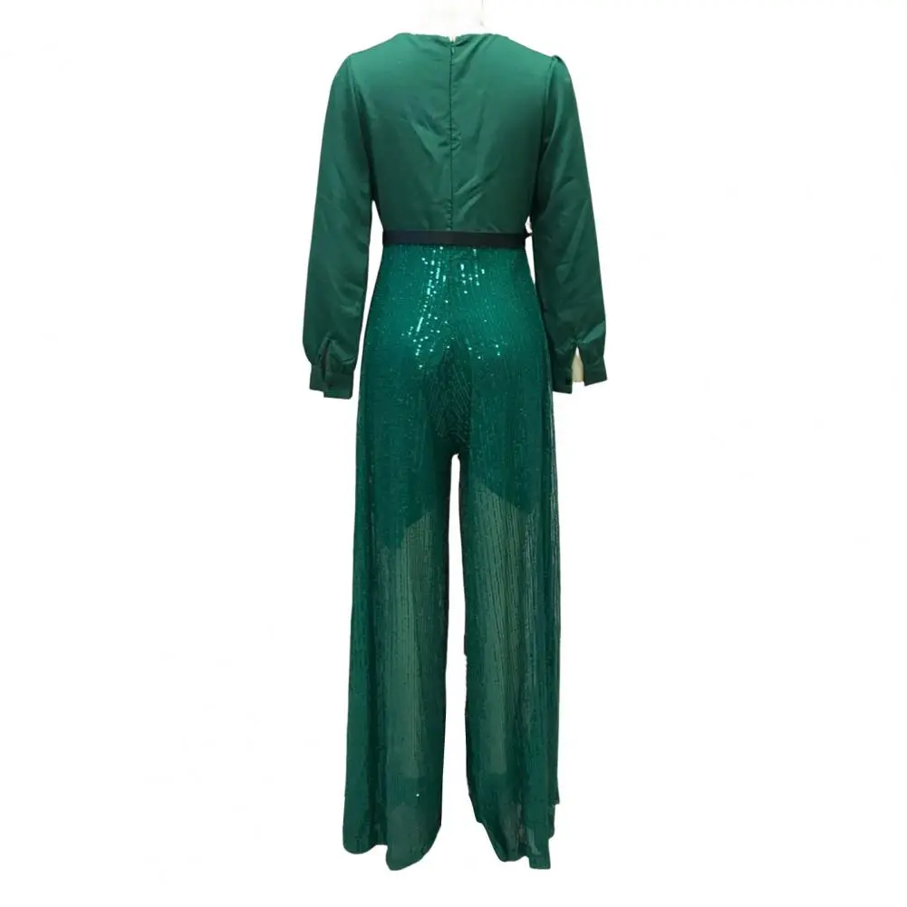 Waist-hugging Jumpsuit Elegant Sequin Jumpsuits for Women V-neck Long Sleeve Romper with Wide Leg Pants Sparkly Belted Evening