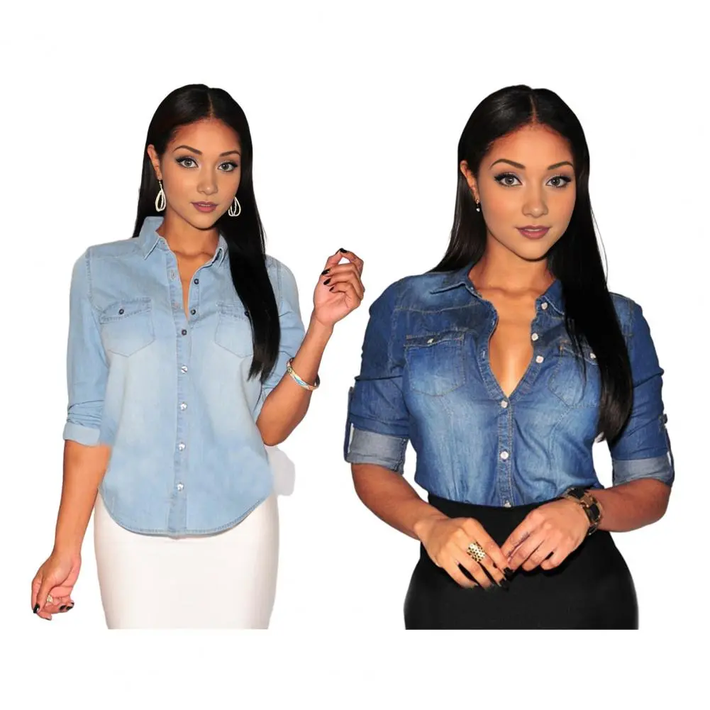 Summer Lady Denim Blouse Cotton Lapel Rolled Sleeve Button Shirt Women Casual Single Breasted Jeans Top blusas para mujer