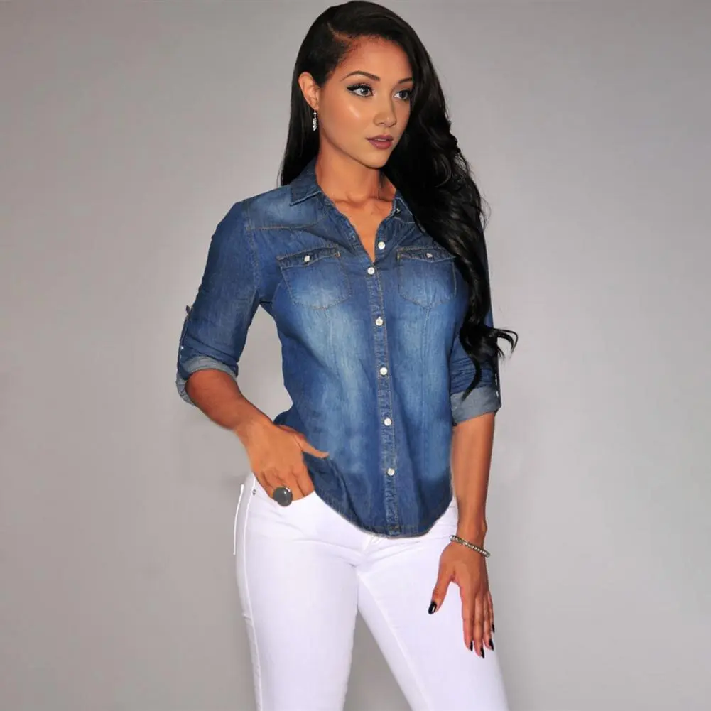 Summer Lady Denim Blouse Cotton Lapel Rolled Sleeve Button Shirt Women Casual Single Breasted Jeans Top blusas para mujer