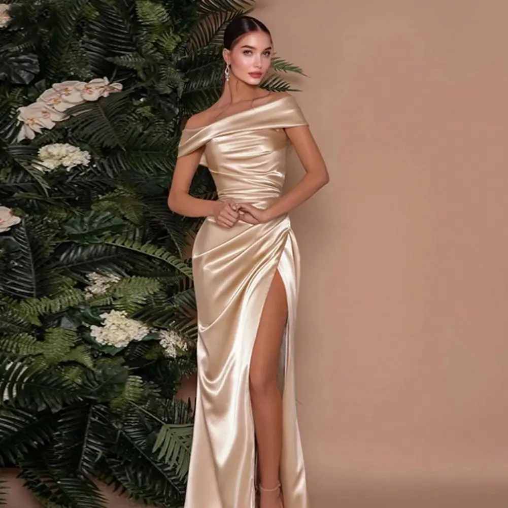 Ruched Irregular Dress Women Silk Satin Patchwork Slash Neck Short Sleeve Skinny Trend Elegant Long Bodycon Outfits Slit Dresses