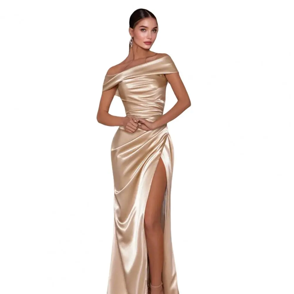 Ruched Irregular Dress Women Silk Satin Patchwork Slash Neck Short Sleeve Skinny Trend Elegant Long Bodycon Outfits Slit Dresses