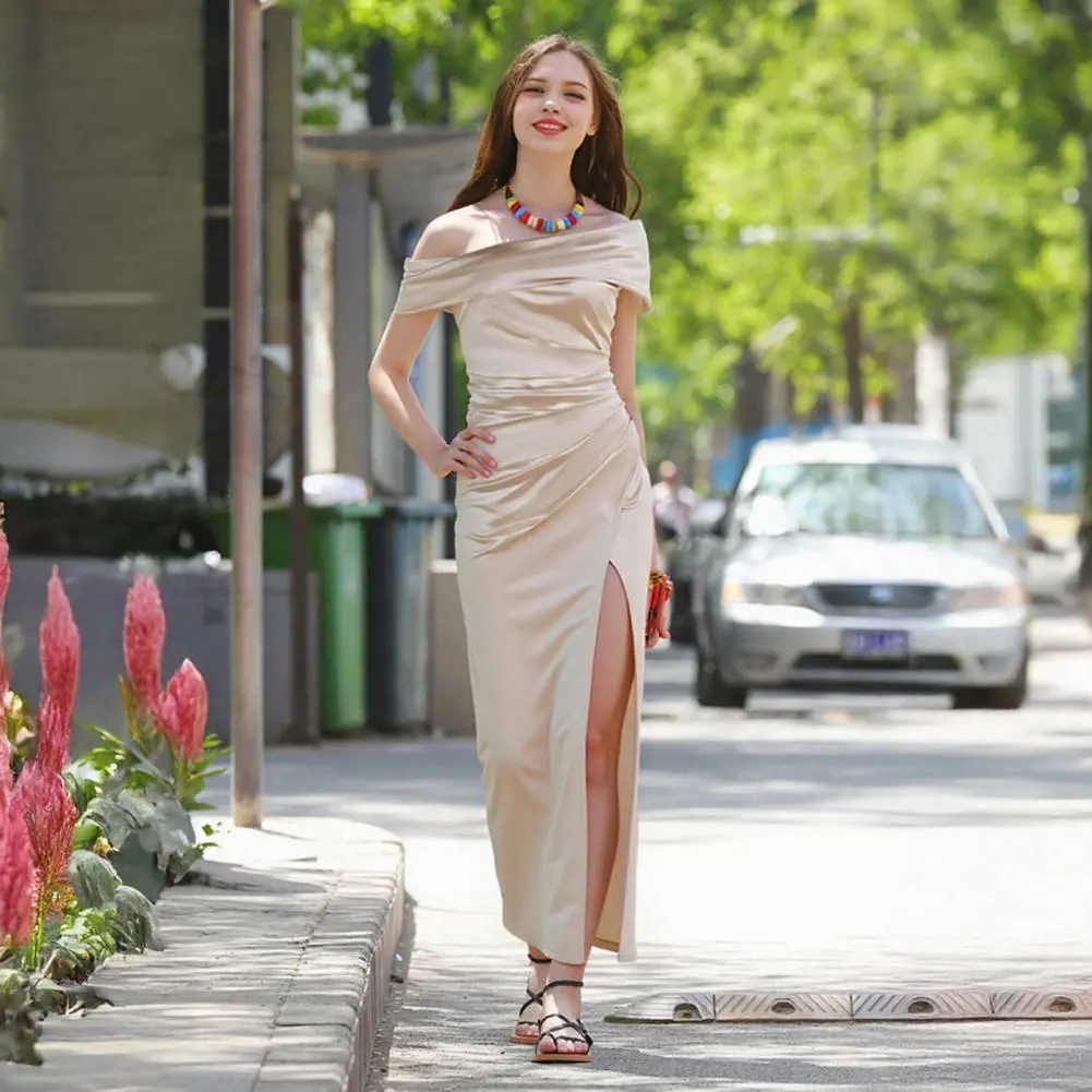 Ruched Irregular Dress Women Silk Satin Patchwork Slash Neck Short Sleeve Skinny Trend Elegant Long Bodycon Outfits Slit Dresses