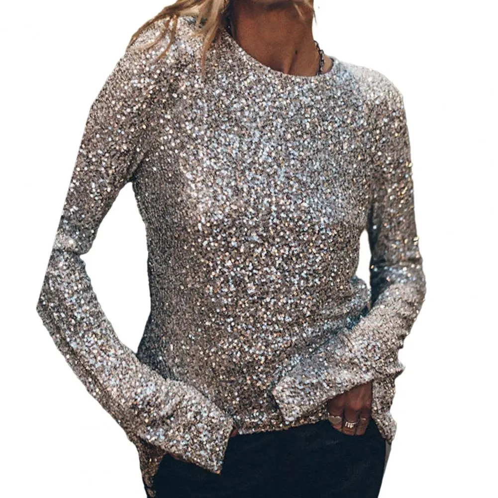 New Gold Sequins O Neck Pullover Women 2023 Autumn Winter Casual Long Sleeve Shirt Elegant Office Ladies Loose Jumpers