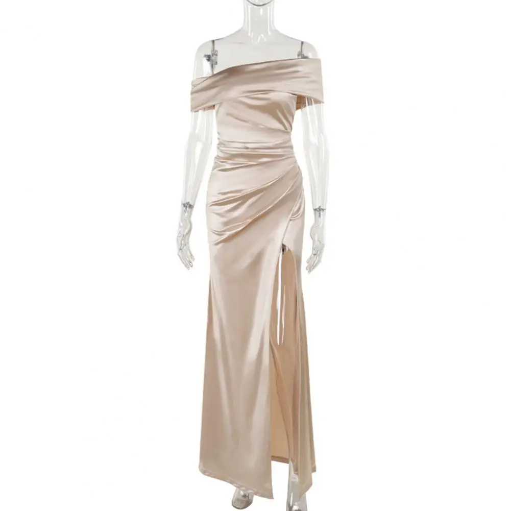 Ruched Irregular Dress Women Silk Satin Patchwork Slash Neck Short Sleeve Skinny Trend Elegant Long Bodycon Outfits Slit Dresses