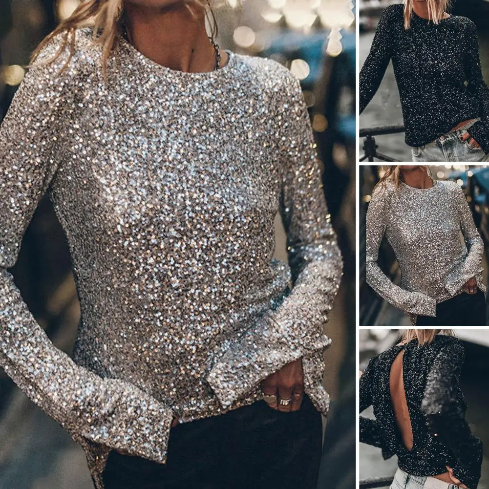 New Gold Sequins O Neck Pullover Women 2023 Autumn Winter Casual Long Sleeve Shirt Elegant Office Ladies Loose Jumpers