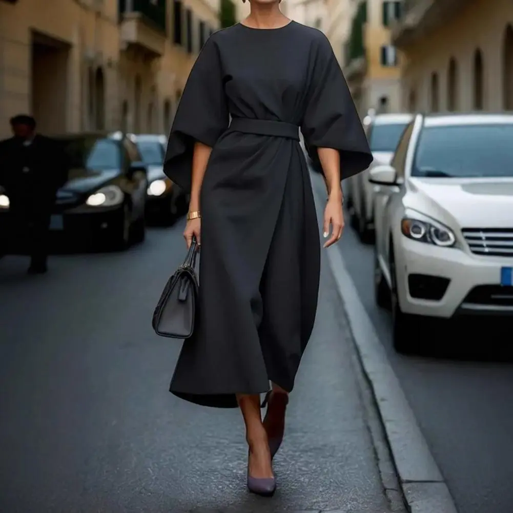 Casual Women's Batwing Sleeve Lace Up Party Dress Elegant Commuter Draped Robe Dress Autumn Simple Solid Color Party Dress