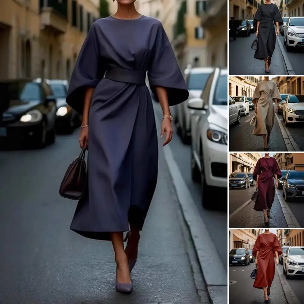 Casual Women's Batwing Sleeve Lace Up Party Dress Elegant Commuter Draped Robe Dress Autumn Simple Solid Color Party Dress