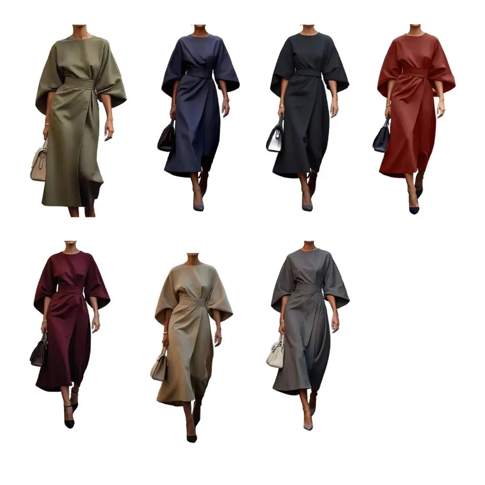 Casual Women's Batwing Sleeve Lace Up Party Dress Elegant Commuter Draped Robe Dress Autumn Simple Solid Color Party Dress