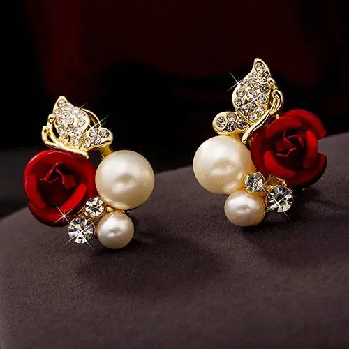 1 Pair Grace Women Trendy Red Rose Butterfly Ear Stud Anti Allergy Pearl High-grade Crystal Bridal Earrings