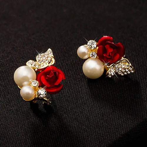 1 Pair Grace Women Trendy Red Rose Butterfly Ear Stud Anti Allergy Pearl High-grade Crystal Bridal Earrings