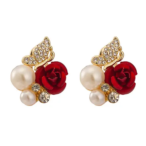 1 Pair Grace Women Trendy Red Rose Butterfly Ear Stud Anti Allergy Pearl High-grade Crystal Bridal Earrings