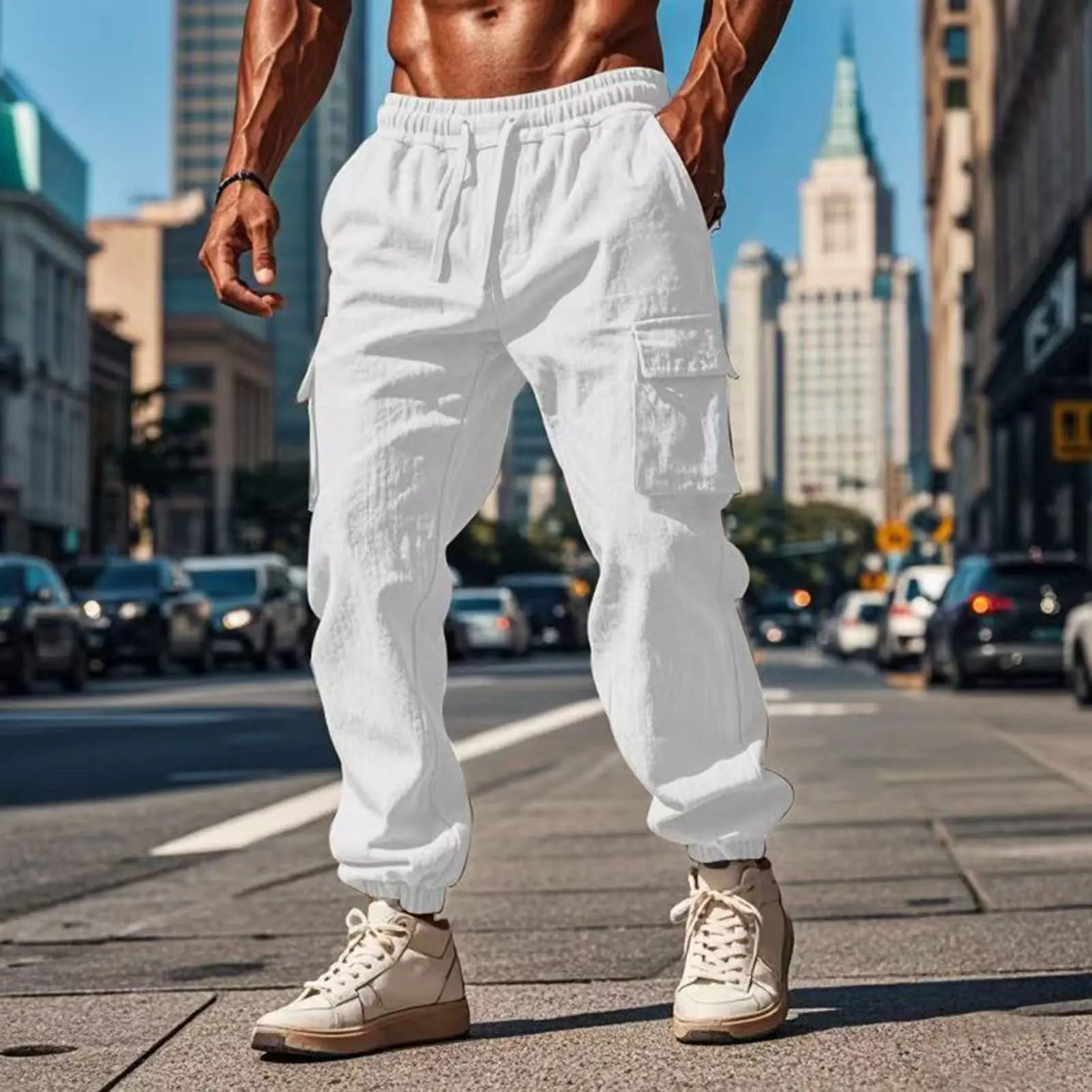 2025 Men Cotton Linen Pants Summer and Autumn Solid High Waist Wide-Leg Trousers Male Loose Hemp Casual Breathable Sports Pants