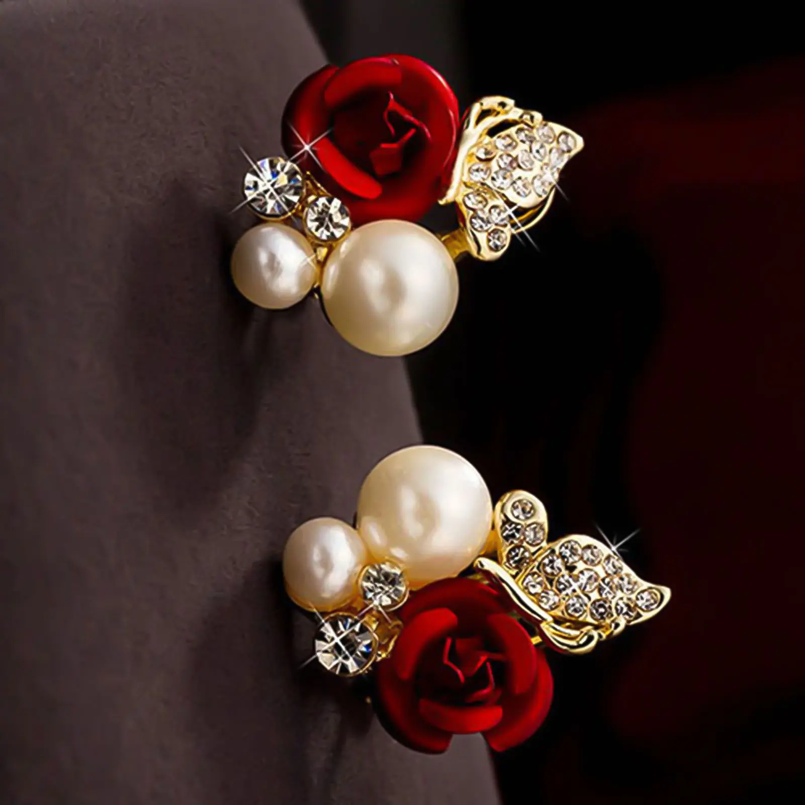 1 Pair Grace Women Trendy Red Rose Butterfly Ear Stud Anti Allergy Pearl High-grade Crystal Bridal Earrings