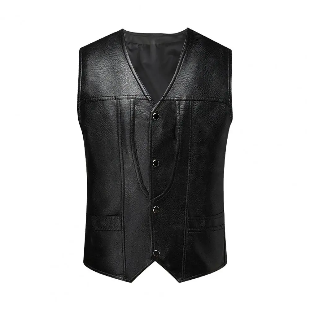 Men Waistcoat Men's Slim Fit Faux Leather V-neck Waistcoat with Pockets Single Breasted Vest Outwear for Solid Color Style Men