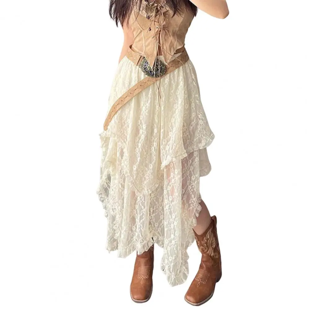 Lace Layered Skirt Vintage Boho Skirt Pants Fashion High Waist Asymmetrical A line Skirt 2025 Korean Style Women s Clothing