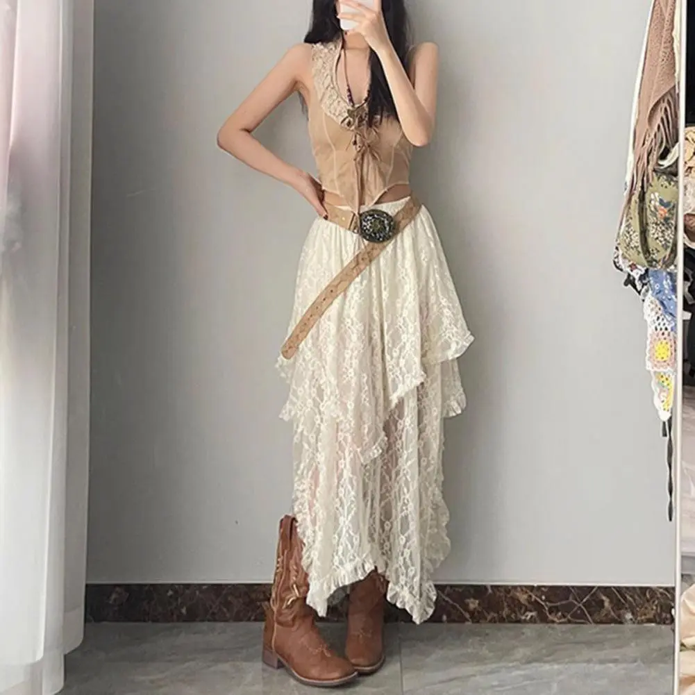 Lace Layered Skirt Vintage Boho Skirt Pants Fashion High Waist Asymmetrical A line Skirt 2025 Korean Style Women s Clothing