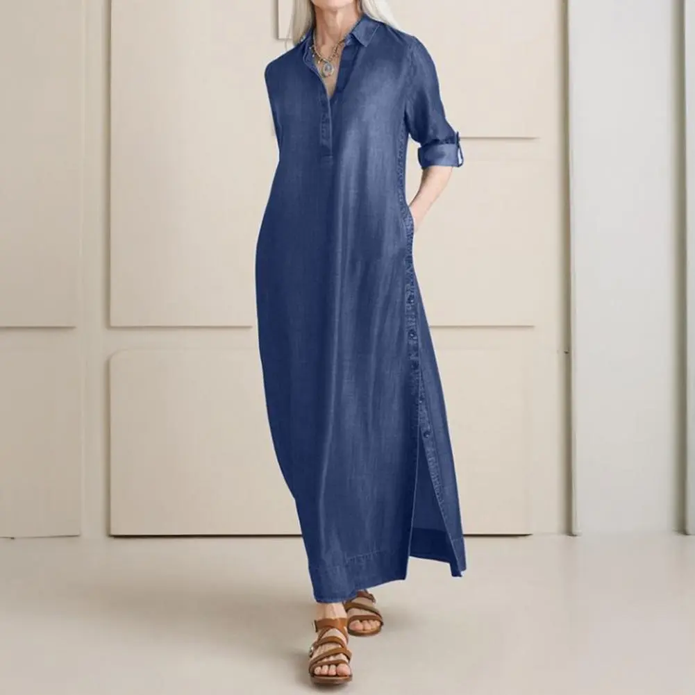 Women Denim Dress Stylish Women's Denim Maxi Dress with Pockets Split Hem Plus Size Button Up V Neck Long Dress for Casual Wear
