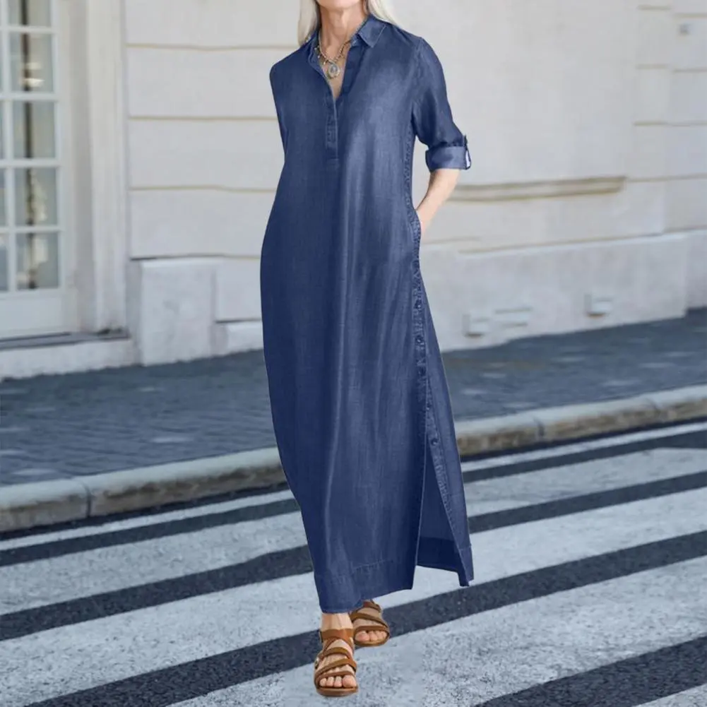 Women Denim Dress Stylish Women's Denim Maxi Dress with Pockets Split Hem Plus Size Button Up V Neck Long Dress for Casual Wear