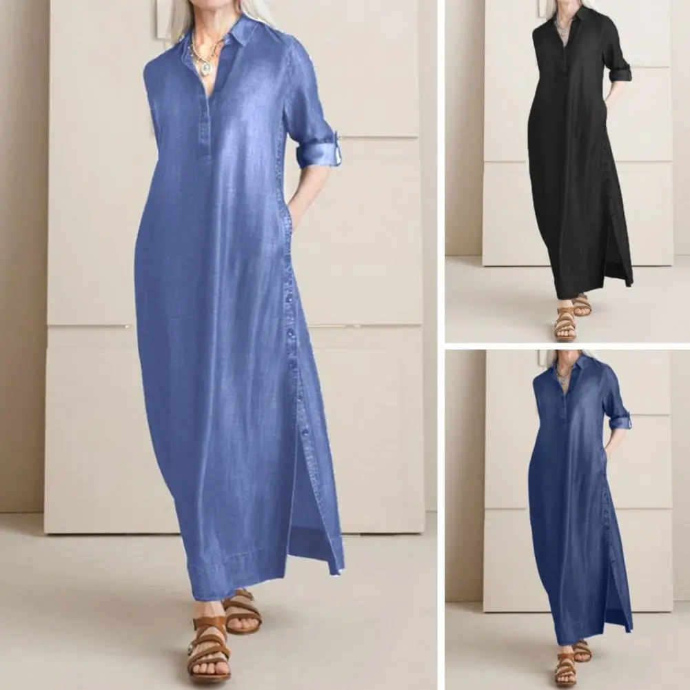 Women Denim Dress Stylish Women's Denim Maxi Dress with Pockets Split Hem Plus Size Button Up V Neck Long Dress for Casual Wear