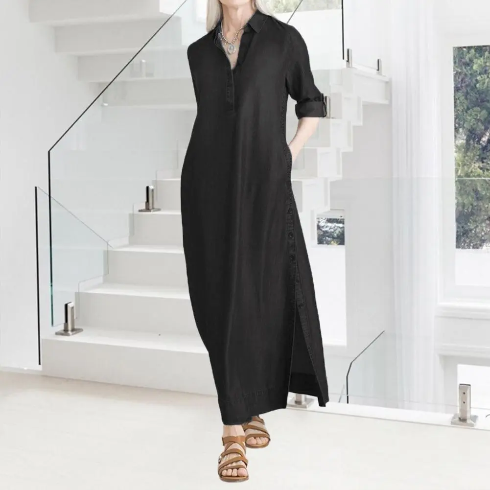 Women Denim Dress Stylish Women's Denim Maxi Dress with Pockets Split Hem Plus Size Button Up V Neck Long Dress for Casual Wear