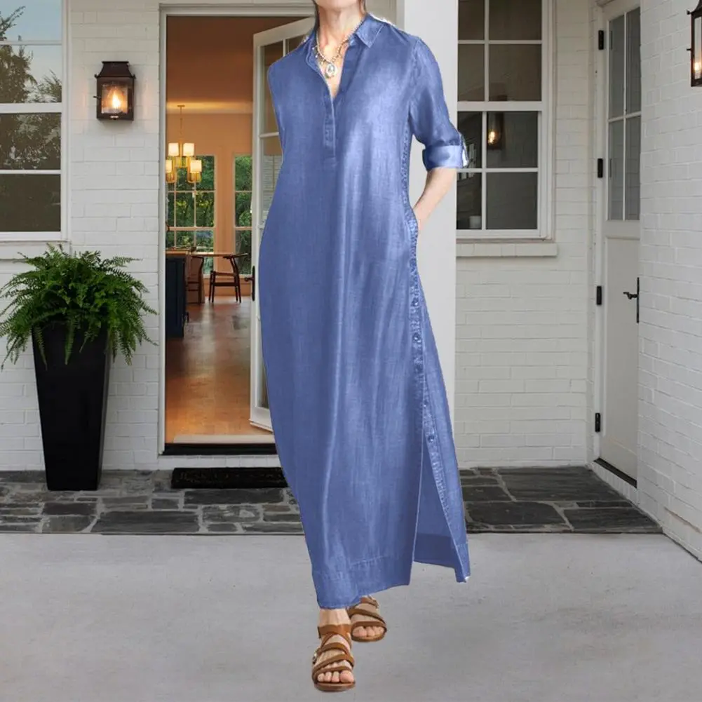 Women Denim Dress Stylish Women's Denim Maxi Dress with Pockets Split Hem Plus Size Button Up V Neck Long Dress for Casual Wear