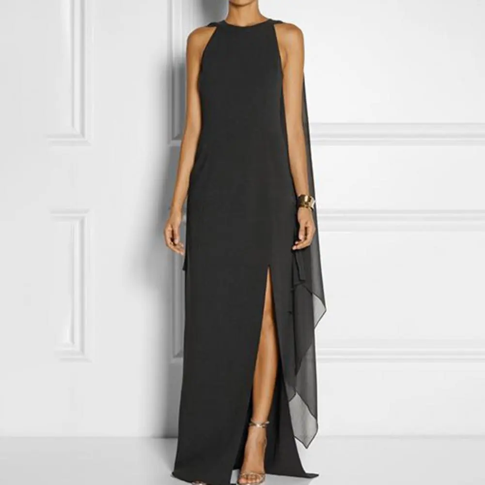 Women Formal Party Dress Lace Female Dress Swing Dress Long Sleeve Pure Color Lace Elegant Chic Maxi Dress