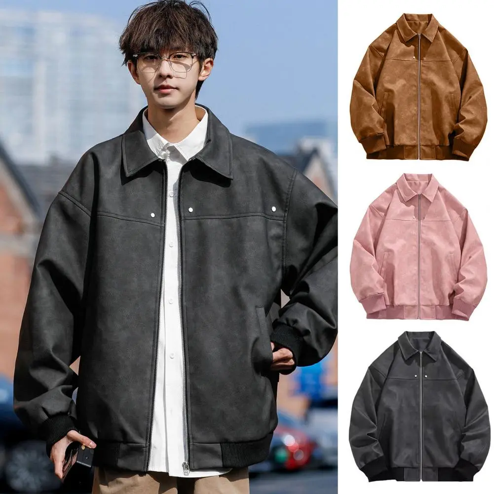 Men Outerwear Stylish Lapel Men's Jacket with Full Zipper Closure Pockets Versatile Outwear for A Trendy Look Men Jacket