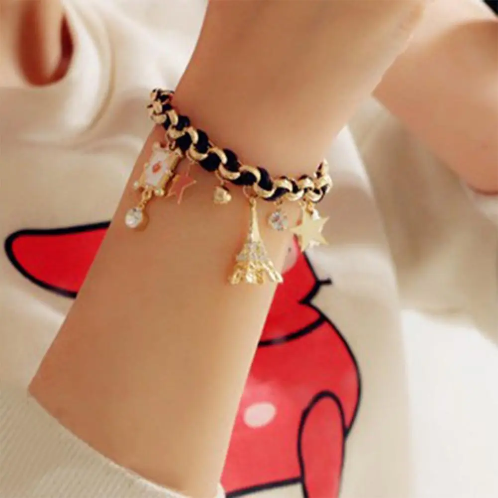 Trendy Women Flowers Bracelet chain Star Heart Paris Eiffel Tower Crown Poker Cute Bangle Leather Rope Chain Jewelery Gift