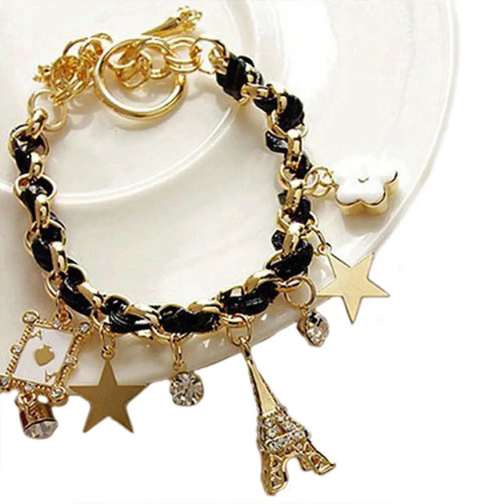 Trendy Women Flowers Bracelet chain Star Heart Paris Eiffel Tower Crown Poker Cute Bangle Leather Rope Chain Jewelery Gift