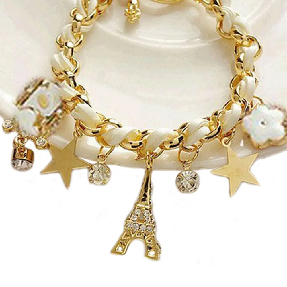 Trendy Women Flowers Bracelet chain Star Heart Paris Eiffel Tower Crown Poker Cute Bangle Leather Rope Chain Jewelery Gift