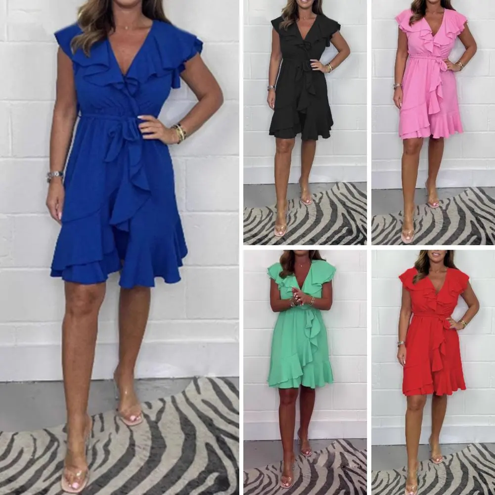 Women Ruffled Dress Chic V-neck Ruffle Mini Dress Collection Women's Summer Beach Vacation A-line Sundress Party Dress