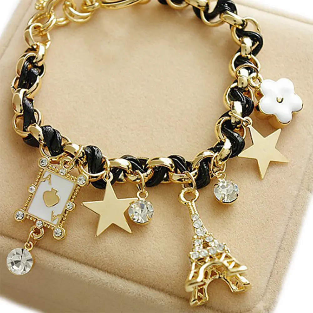 Trendy Women Flowers Bracelet chain Star Heart Paris Eiffel Tower Crown Poker Cute Bangle Leather Rope Chain Jewelery Gift
