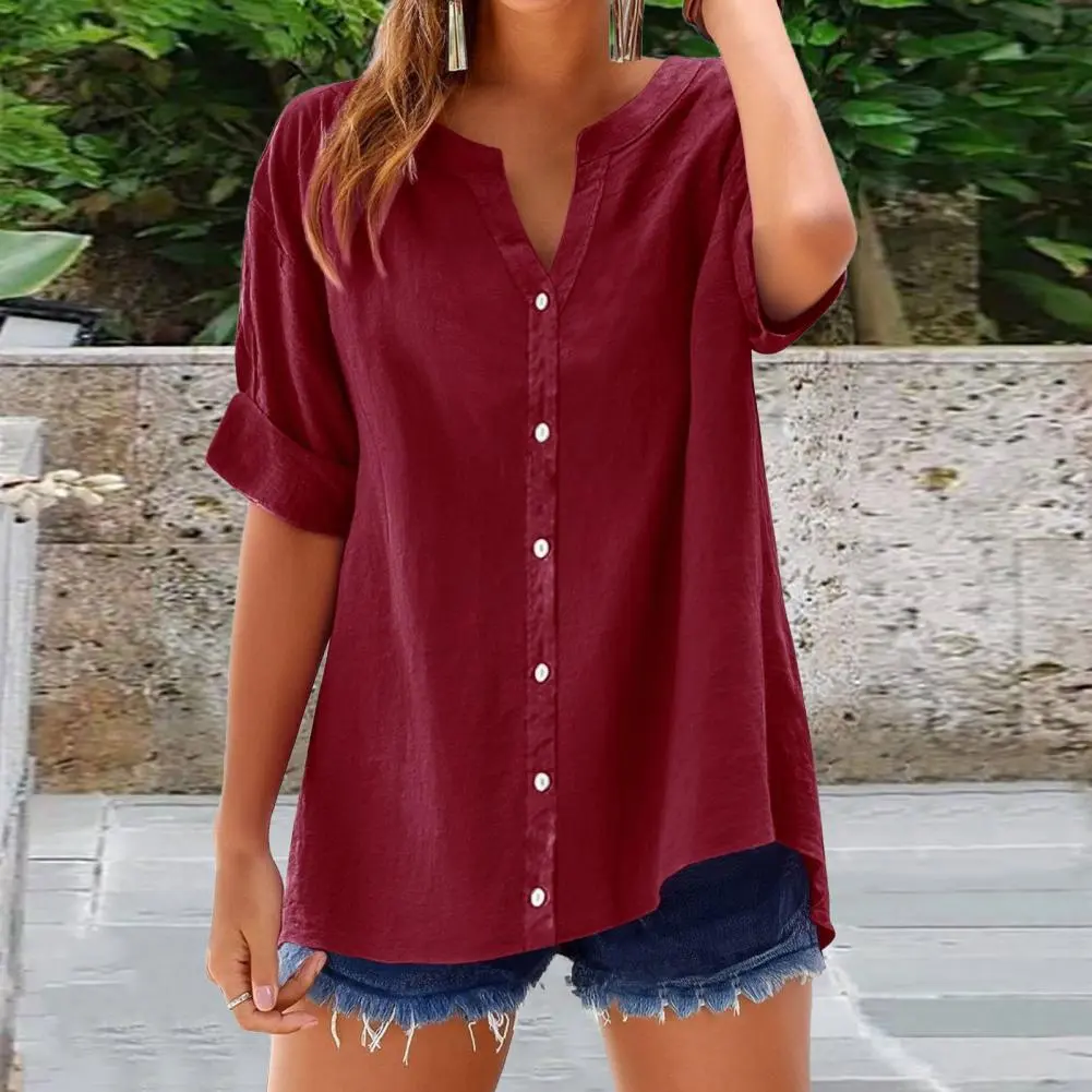 Stylish and Elegant Latest Spring and Summer Women's Top with a Notched V-Neck and Short Sleeves